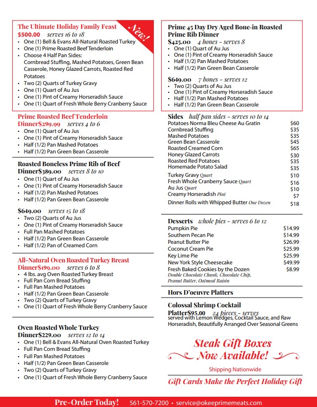 Okeechobee Prime Meat Market Holiday Menu